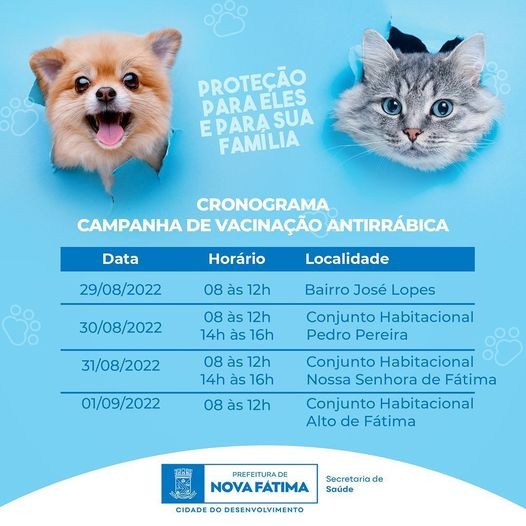 Confira o cronograma de vacinação antirrábica das próximas semanas (26 a 29  de setembro) e proteja seu bichinho