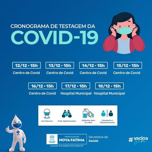 Confira o Cronograma de Testagem da COVID-19, disponibilizado pela Secretaria Municipal de Saúde.