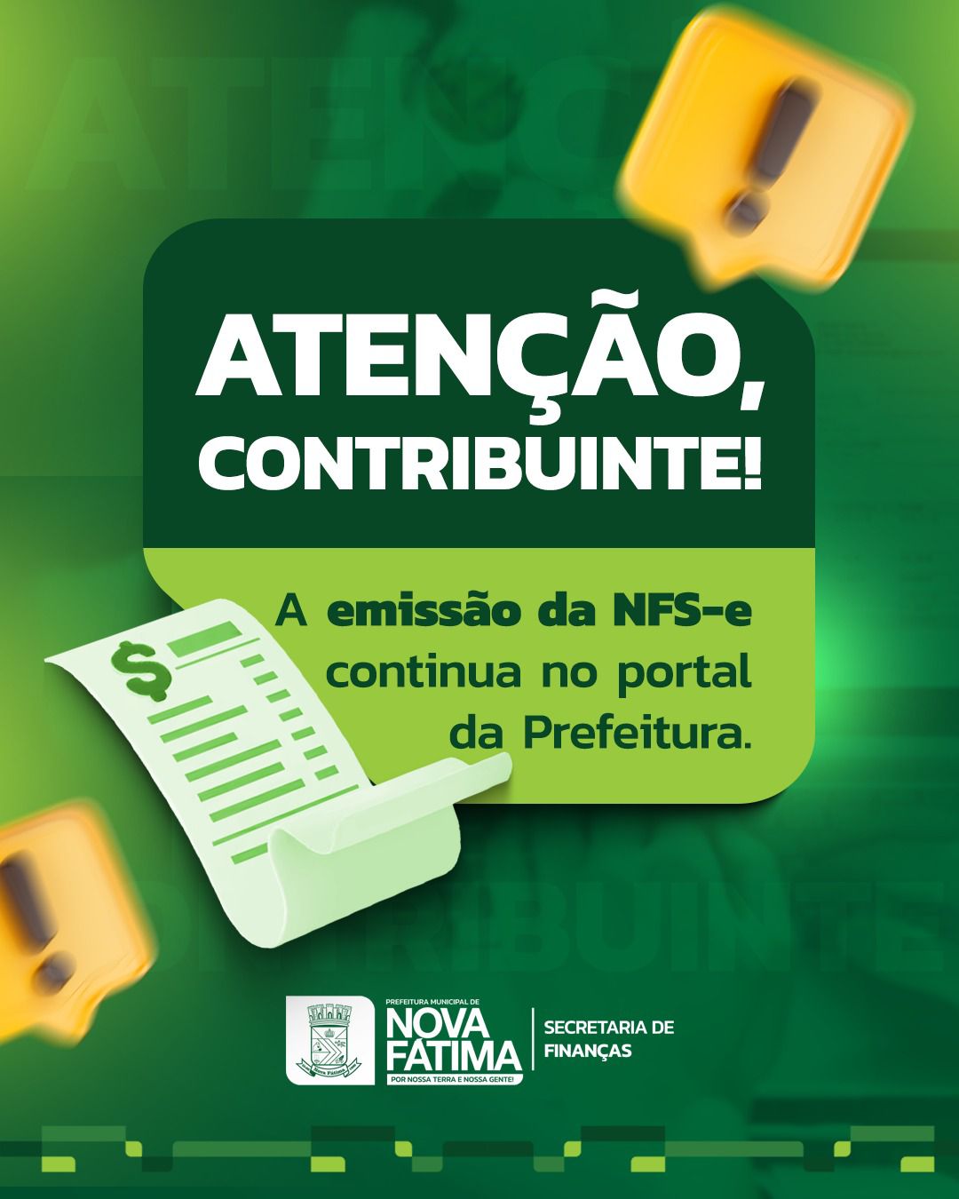 EMISS�O DA NFS-E SEGUE DISPON�VEL EXCLUSIVAMENTE NO PORTAL OFICIAL DA PREFEITURA DE NOVA F�TIMA
