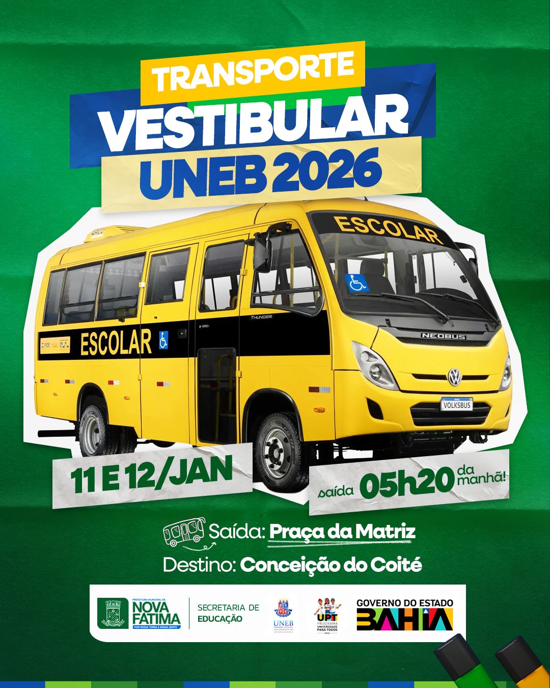 PREFEITURA DISPONIBILIZA TRANSPORTE GRATUITO PARA CANDIDATOS DO VESTIBULAR UNEB 2026